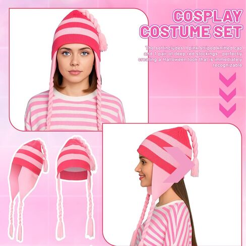 JaGely 2 Pcs Costume Accessories Set Pink Striped Beanie Hat with Ear Flaps Dark Red Long Socks Halloween Costume for Cosplay in Saudi Arabia