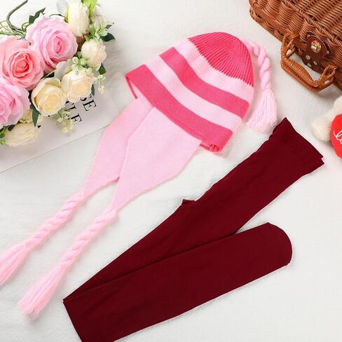 JaGely 2 Pcs Costume Accessories Set Pink Striped Beanie Hat with Ear Flaps Dark Red Long Socks Halloween Costume for Cosplay in Saudi Arabia