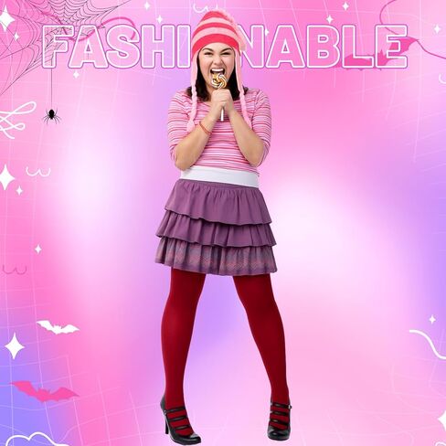 JaGely 2 Pcs Costume Accessories Set Pink Striped Beanie Hat with Ear Flaps Dark Red Long Socks Halloween Costume for Cosplay in Saudi Arabia