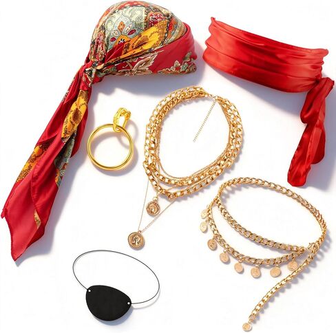 Pirate Costume Women Accessories Red Bandana Pirate Scarf Belt Jewels Necklace Eye Patch Sash Jewelry Hair Accessories Disfraz Pirata Mujer Gasparilla Outfits Halloween Costume in Kuwait