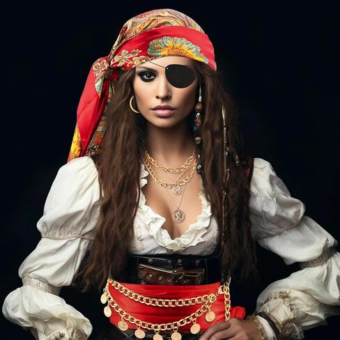 Pirate Costume Women Accessories Red Bandana Pirate Scarf Belt Jewels Necklace Eye Patch Sash Jewelry Hair Accessories Disfraz Pirata Mujer Gasparilla Outfits Halloween Costume in Kuwait