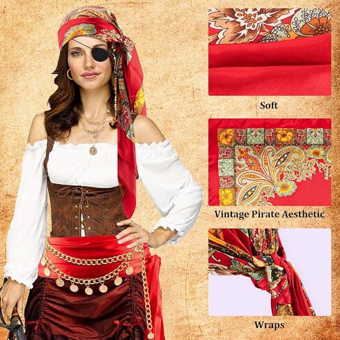Pirate Costume Women Accessories Red Bandana Pirate Scarf Belt Jewels Necklace Eye Patch Sash Jewelry Hair Accessories Disfraz Pirata Mujer Gasparilla Outfits Halloween Costume in Kuwait