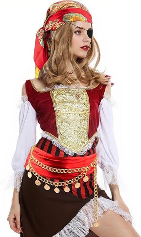 Pirate Costume Women Accessories Red Bandana Pirate Scarf Belt Jewels Necklace Eye Patch Sash Jewelry Hair Accessories Disfraz Pirata Mujer Gasparilla Outfits Halloween Costume in Kuwait