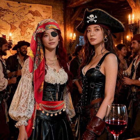 Pirate Costume Women Accessories Red Bandana Pirate Scarf Belt Jewels Necklace Eye Patch Sash Jewelry Hair Accessories Disfraz Pirata Mujer Gasparilla Outfits Halloween Costume in Kuwait