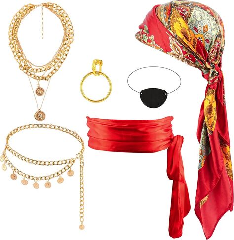 Pirate Costume Women Accessories Red Bandana Pirate Scarf Belt Jewels Necklace Eye Patch Sash Jewelry Hair Accessories Disfraz Pirata Mujer Gasparilla Outfits Halloween Costume in Kuwait