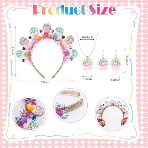 9 Pcs Galentine's Day Candyland Costume Accessories Candy Headband Sweet Rainbow Necklace Lollipop Earrings Pink Tutu Gloves Tights for Valentine's Day Photo Props Candy Theme Cosplay Accessories in Kuwait