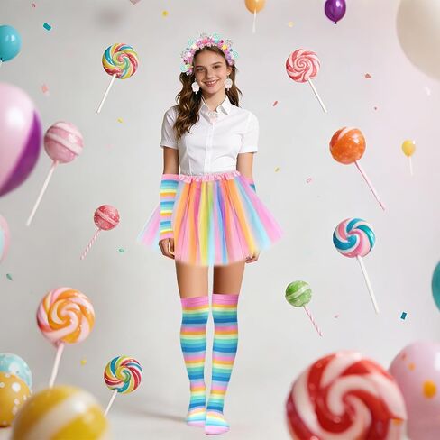 9 Pcs Galentine's Day Candyland Costume Accessories Candy Headband Sweet Rainbow Necklace Lollipop Earrings Pink Tutu Gloves Tights for Valentine's Day Photo Props Candy Theme Cosplay Accessories in Kuwait