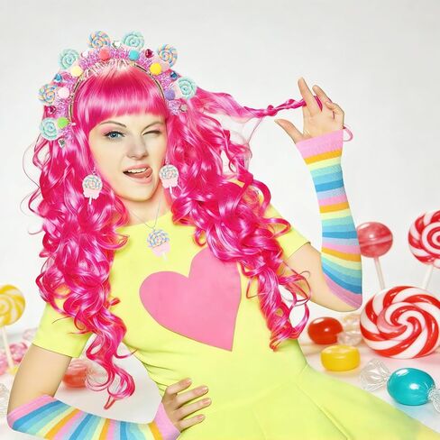 9 Pcs Galentine's Day Candyland Costume Accessories Candy Headband Sweet Rainbow Necklace Lollipop Earrings Pink Tutu Gloves Tights for Valentine's Day Photo Props Candy Theme Cosplay Accessories in Kuwait