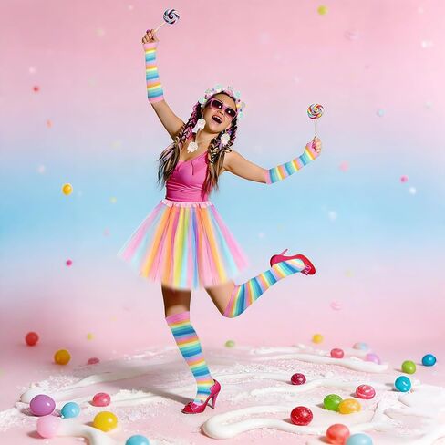 9 Pcs Galentine's Day Candyland Costume Accessories Candy Headband Sweet Rainbow Necklace Lollipop Earrings Pink Tutu Gloves Tights for Valentine's Day Photo Props Candy Theme Cosplay Accessories in Kuwait