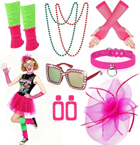 HWING Trendy 80s Outfit for Women,7-Piece Retro Accessories Set with Sunglasses, Fishnet Gloves, Pink Choker & Lace Headband for 80s Party Decorations & Themed Parties in Kuwait