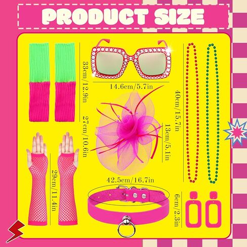 HWING Trendy 80s Outfit for Women,7-Piece Retro Accessories Set with Sunglasses, Fishnet Gloves, Pink Choker & Lace Headband for 80s Party Decorations & Themed Parties in Kuwait