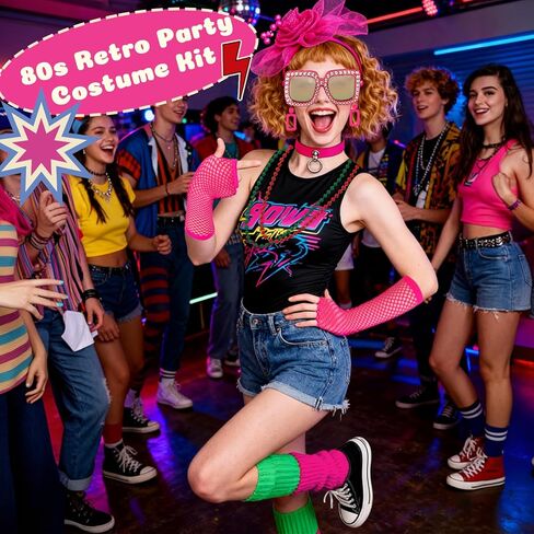 HWING Trendy 80s Outfit for Women,7-Piece Retro Accessories Set with Sunglasses, Fishnet Gloves, Pink Choker & Lace Headband for 80s Party Decorations & Themed Parties in Kuwait