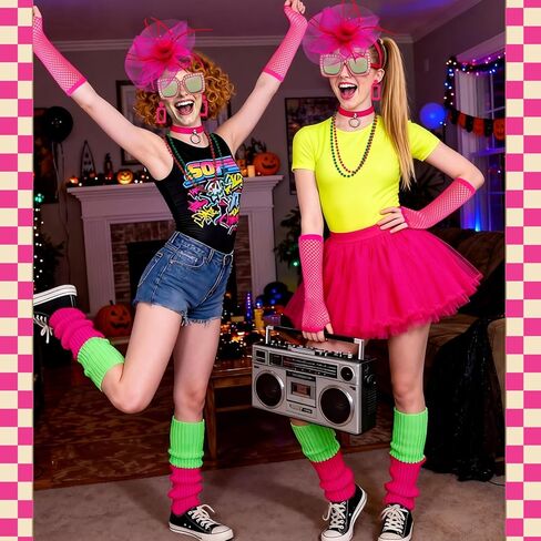 HWING Trendy 80s Outfit for Women,7-Piece Retro Accessories Set with Sunglasses, Fishnet Gloves, Pink Choker & Lace Headband for 80s Party Decorations & Themed Parties in Kuwait