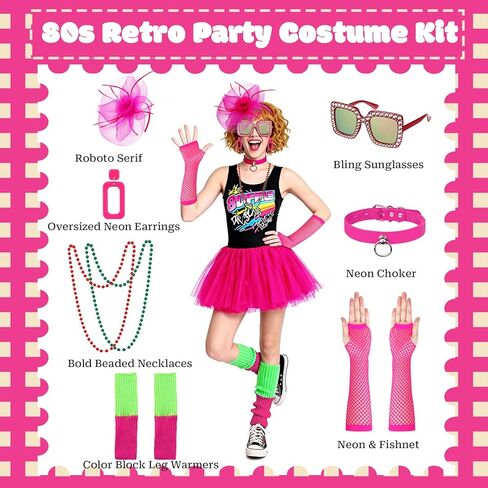 HWING Trendy 80s Outfit for Women,7-Piece Retro Accessories Set with Sunglasses, Fishnet Gloves, Pink Choker & Lace Headband for 80s Party Decorations & Themed Parties in Kuwait