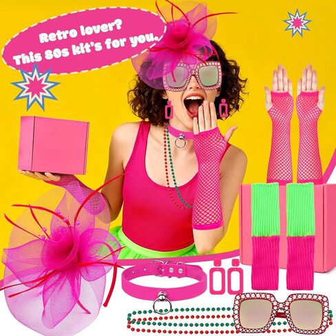 HWING Trendy 80s Outfit for Women,7-Piece Retro Accessories Set with Sunglasses, Fishnet Gloves, Pink Choker & Lace Headband for 80s Party Decorations & Themed Parties in Kuwait