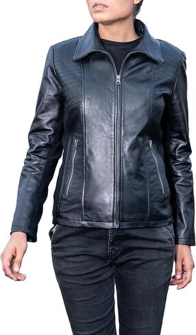 Jild Casual Fashion Womens Leather Jacket - Elastic Rib Turn Down Collar Leather Jacket Women in Kuwait