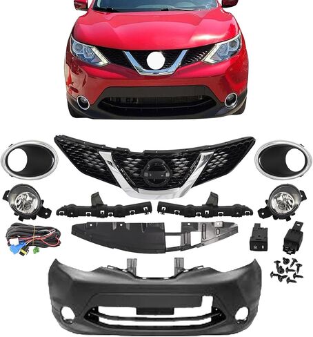 JX RACING Front Bumper Cover Grille Kit Compatible with 2017 2018 2019 Nissan Rogue Sport Upper Grill W/O Camera Hole Fog Lights Lamps Cover Bezel Bumper Bracket NI1000318 620226MA0H 62222DF3OA in Kuwait
