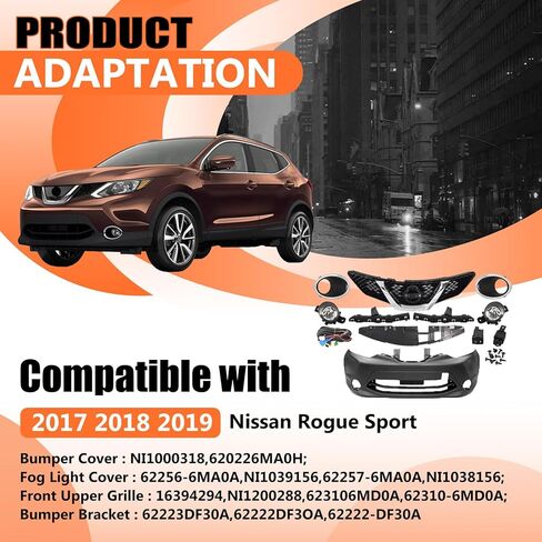 JX RACING Front Bumper Cover Grille Kit Compatible with 2017 2018 2019 Nissan Rogue Sport Upper Grill W/O Camera Hole Fog Lights Lamps Cover Bezel Bumper Bracket NI1000318 620226MA0H 62222DF3OA in Kuwait