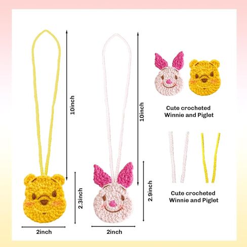 زينة سيارة كروشيه ويني وبيجليت، إكسسوارات مرآة الرؤية الخلفية الرائعة والجميلة للنساء والفتيات والمراهقات، زينة حقيبة لطيفة، عبوتان. in Kuwait