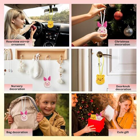 زينة سيارة كروشيه ويني وبيجليت، إكسسوارات مرآة الرؤية الخلفية الرائعة والجميلة للنساء والفتيات والمراهقات، زينة حقيبة لطيفة، عبوتان. in Kuwait