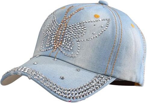 Shiny Rhinestone Cotton Denim Baseball Cap for Women, Adjustable Outdoor Bling Sports Hat in Kuwait