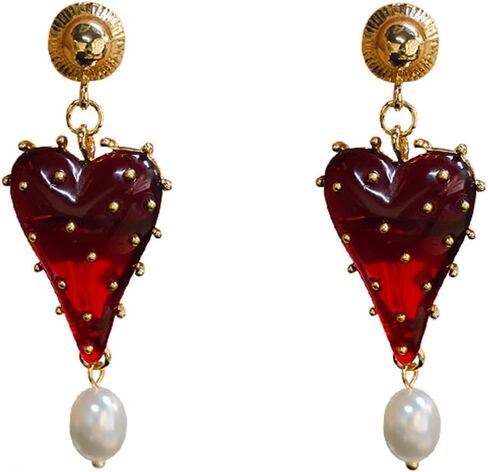 Vintage Red Heart Dangle Earrings for Women, KC Gold Plated Zinc Alloy Resin Heart Drop Earrings with Faux Pearl, Retro Elegant Statement Earrings for Wedding Party Valentine's Day Gift in Saudi Arabia