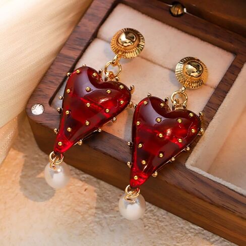 Vintage Red Heart Dangle Earrings for Women, KC Gold Plated Zinc Alloy Resin Heart Drop Earrings with Faux Pearl, Retro Elegant Statement Earrings for Wedding Party Valentine's Day Gift in Saudi Arabia