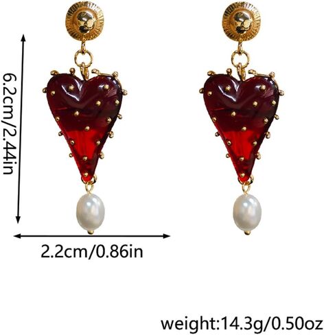 Vintage Red Heart Dangle Earrings for Women, KC Gold Plated Zinc Alloy Resin Heart Drop Earrings with Faux Pearl, Retro Elegant Statement Earrings for Wedding Party Valentine's Day Gift in Saudi Arabia