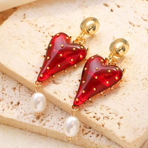 Vintage Red Heart Dangle Earrings for Women, KC Gold Plated Zinc Alloy Resin Heart Drop Earrings with Faux Pearl, Retro Elegant Statement Earrings for Wedding Party Valentine's Day Gift in Saudi Arabia