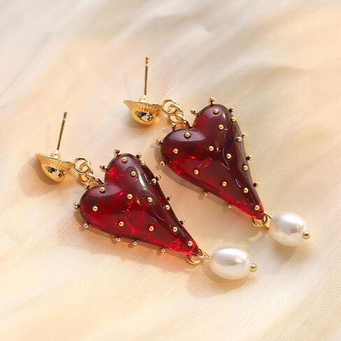 Vintage Red Heart Dangle Earrings for Women, KC Gold Plated Zinc Alloy Resin Heart Drop Earrings with Faux Pearl, Retro Elegant Statement Earrings for Wedding Party Valentine's Day Gift in Saudi Arabia