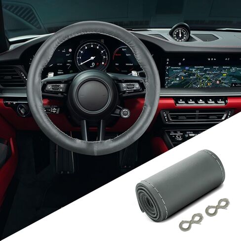 Genuine Leather Steering Wheel Cover, Stitch On Wrap, Hand Sewing Steering Wheel Cover with Needle Thread, Anti-Slip Car Steering Wheel Protector for Max Diameter 15 Inch (Gray, Hole) in Saudi Arabia