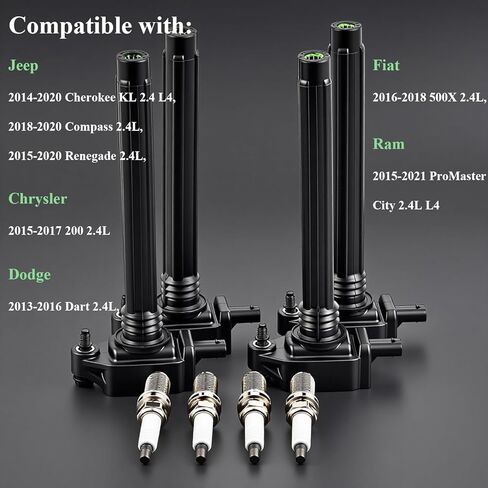 4 قطع حزمة ملف الإشعال وشمعات الإشعال تناسب 2.4 L4 2014-2019 جيب شيروكي كومباس رينيجيد كرايسلر 200 دودج دارت فيات 500X رام بروماستر سيتي استبدال # 68242286AA UF754 GN10738 5C2113 UF751 4469 in Saudi Arabia