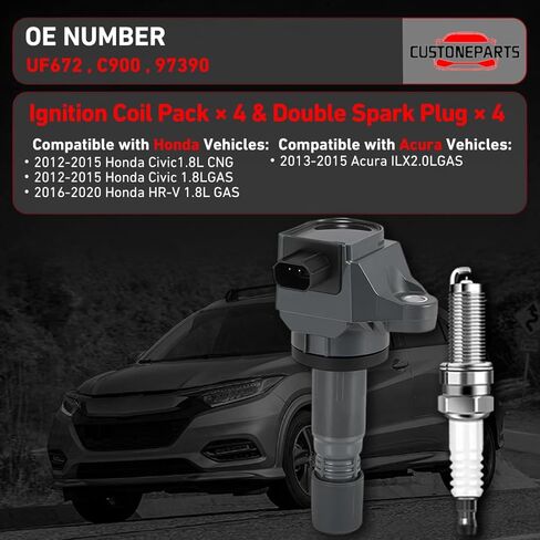 Ignition Coil Pack × 4 & Spark Plug × 4 FIT Honda Civic 1.8 L L4 (2012-2015) & Acura ILX 2.0 L L4 (2013-2015) – Direct Replacement for UF672 / C900 / 97390 in Saudi Arabia