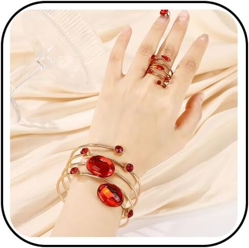 Gold Chunky Cuff Bracelets Rings Set for Women Bridal Bridesmaid Dainty Rhinestone Crystal Wire Bracelets Rings Set Vintage Birthstone Cubic Zirconia Bracelet Ring Adjustable Open Cuff Wrap Bangle Bracelet Ring Prom Wedding Birthday Holiday Party Jewelry  in Saudi Arabia