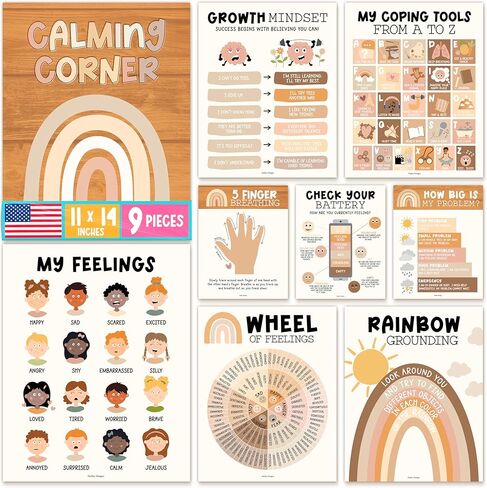 9 Boho Calming Corner Posters For Classroom Must Haves For Teachers - Calm Down Corner Supplies Elementary, Feelings Chart For Kids Ages 4-8, Emotions Chart For Kids, Calming Corner Items Kids in Saudi Arabia
