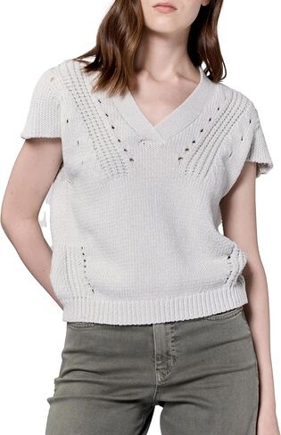 DEAR JOHN UNA Crochet Detail Short Sleeve V-Neck Women's Sweater in Kuwait