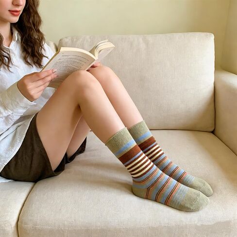 جوارب نسائية مخططة بتصميم عتيق - جوارب أنيقة عتيقة ذات ألوان متعددة للمناسبات اليومية الكاجوال والمكتب والمشي لمسافات طويلة الرياضية، مقاس 6-9 in Kuwait