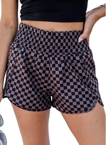 Women's Casual Checkered Shorts Elastic Waist Y2K Gingham Plaid Athletic Short Pants 2026 Summer Beach Bottoms with Pockets in Kuwait