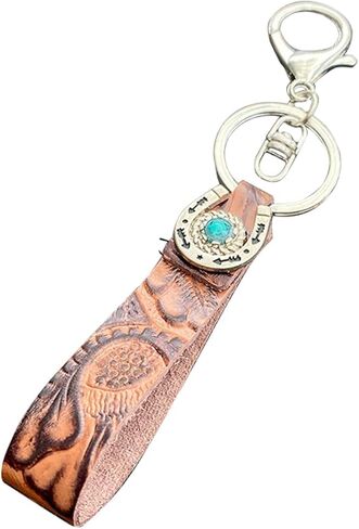 EVKILKJS Vintage Embossed Cowhide Keychain Brown Western Turquoise Horseshoe Wristlet Lanyard Keychain Personalized Cowboy Car Keyring Jewelry in Kuwait