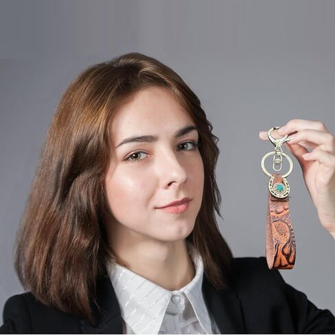 EVKILKJS Vintage Embossed Cowhide Keychain Brown Western Turquoise Horseshoe Wristlet Lanyard Keychain Personalized Cowboy Car Keyring Jewelry in Kuwait