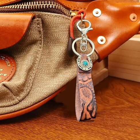 EVKILKJS Vintage Embossed Cowhide Keychain Brown Western Turquoise Horseshoe Wristlet Lanyard Keychain Personalized Cowboy Car Keyring Jewelry in Kuwait