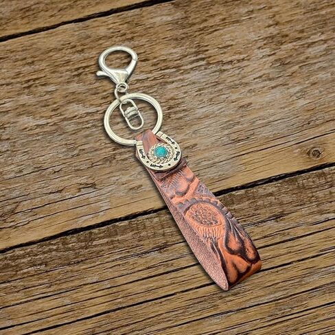 EVKILKJS Vintage Embossed Cowhide Keychain Brown Western Turquoise Horseshoe Wristlet Lanyard Keychain Personalized Cowboy Car Keyring Jewelry in Kuwait