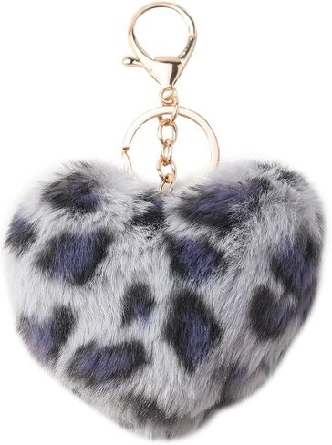 Leopard Pom Pom Bag Charm, Cute Plush Heart Keychain Car Hanging Keyring Purse Charm Decoration Pendant for Women in Kuwait