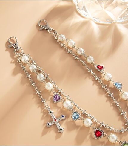 Silver Gold Cross Pants Chain for Men Pocket Chain for Pants Dainty Trendy Pearl Jean Chains for Women Colorful Heart Rhinestone Biker Jean Chains Punk Hip Jewelry Party Music Festival Accessories in Saudi Arabia
