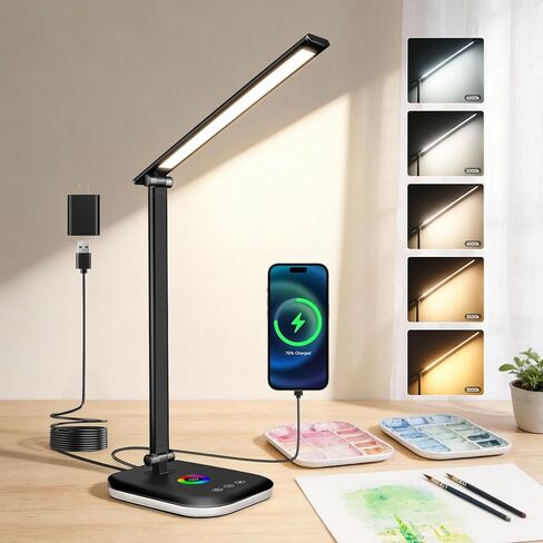 Bright LED Desk Lamp for Office Home, 10%-100% Stepless Dimmable & 5 Color Temperatures, Eye Caring Desk Light for Office, Study, Craft, Puzzle, Nail, Sewing | USB Charging | 45 Min Timer | RGB in Saudi Arabia