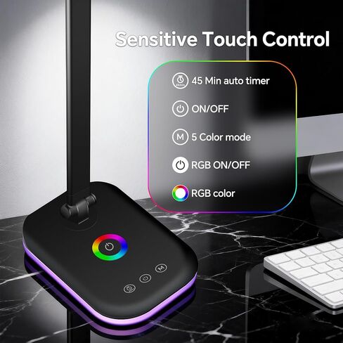 Bright LED Desk Lamp for Office Home, 10%-100% Stepless Dimmable & 5 Color Temperatures, Eye Caring Desk Light for Office, Study, Craft, Puzzle, Nail, Sewing | USB Charging | 45 Min Timer | RGB in Saudi Arabia