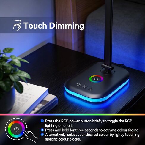 Bright LED Desk Lamp for Office Home, 10%-100% Stepless Dimmable & 5 Color Temperatures, Eye Caring Desk Light for Office, Study, Craft, Puzzle, Nail, Sewing | USB Charging | 45 Min Timer | RGB in Saudi Arabia