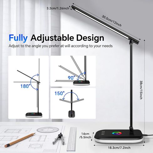 Bright LED Desk Lamp for Office Home, 10%-100% Stepless Dimmable & 5 Color Temperatures, Eye Caring Desk Light for Office, Study, Craft, Puzzle, Nail, Sewing | USB Charging | 45 Min Timer | RGB in Saudi Arabia