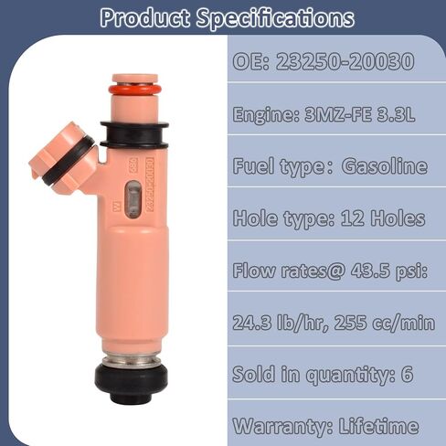 حاقن وقود محرك 3MZ 2004-2010، متوافق مع/تويوتا 3.3 سيينا هايلاندر 2006-2010 |12 فتحة| |مجموعة من 6| يستبدل: 23250-20030 in Kuwait