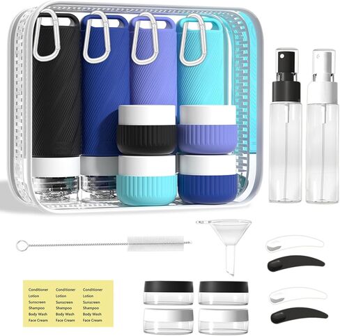 26 Pieces Travel Size Toiletries Bottles Set, Tsa Approved Leakproof Refillable Travel Bottles with Hanging hole design, Silicone Material, Suitable for Shampoo, Conditioner, and Body Lotion in Kuwait